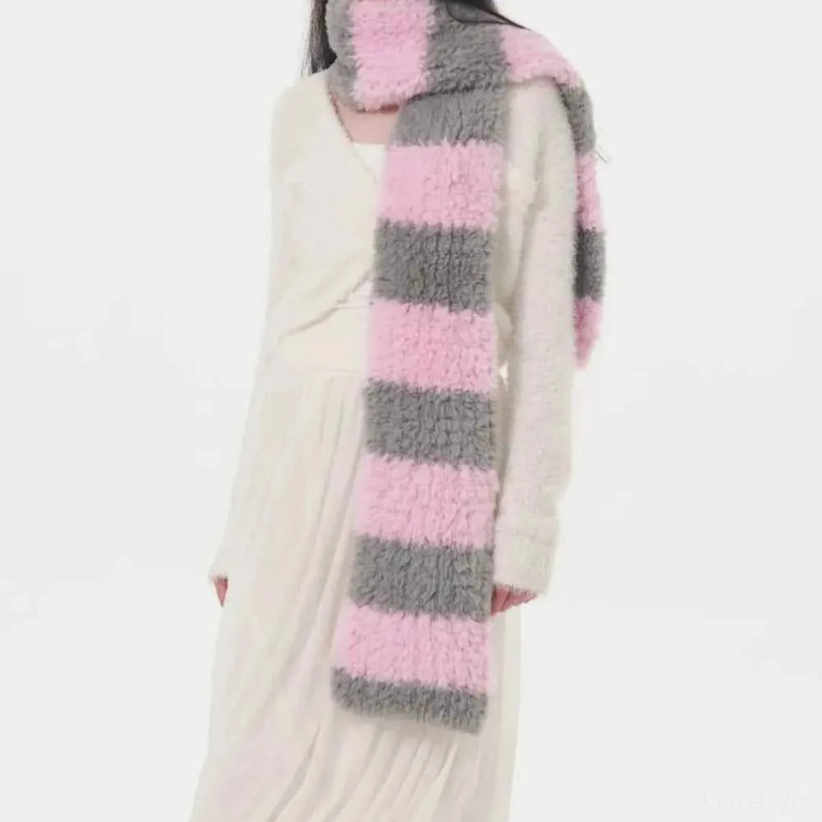 Fuzzy Contrast Striped Scarf — square view — Livostyle