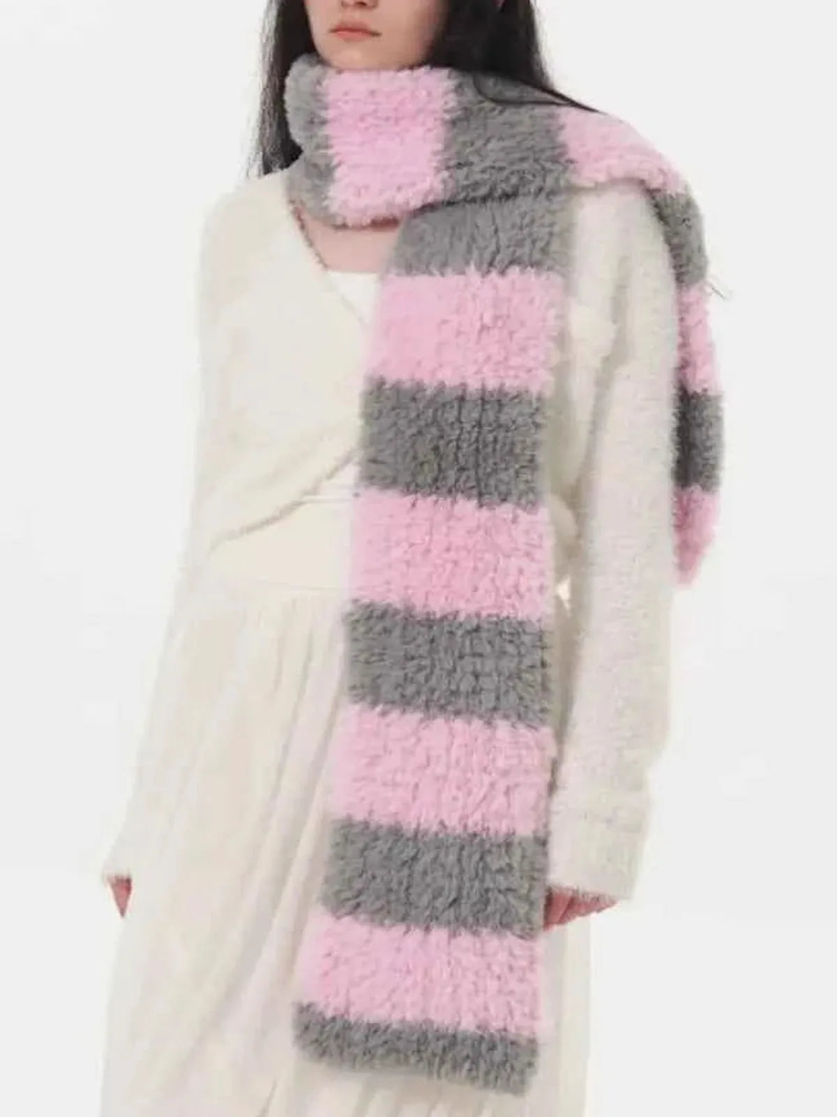 Fuzzy Contrast Striped Scarf — detail view — Livostyle