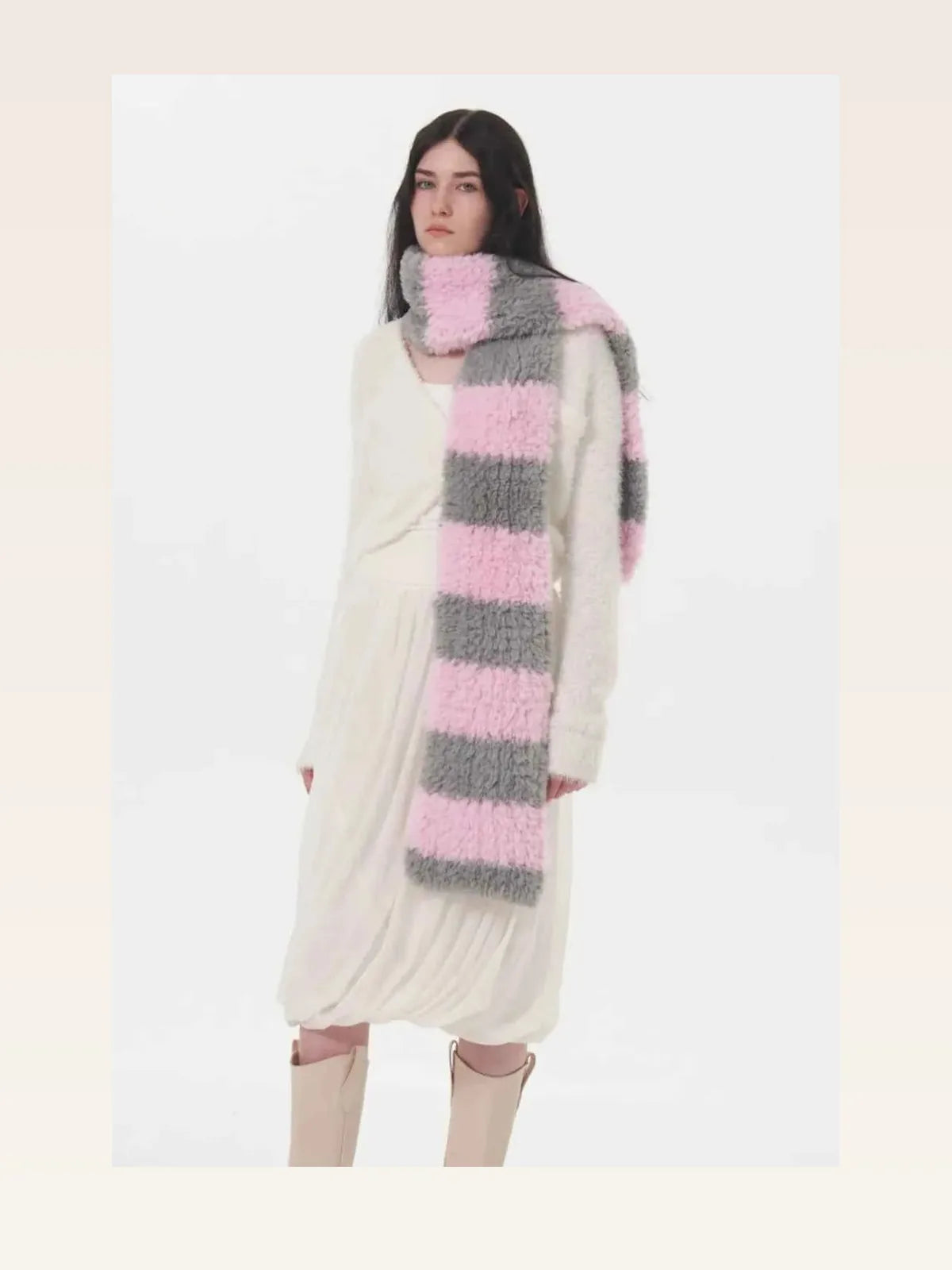 Fuzzy Contrast Striped Scarf — styled showcase — Livostyle