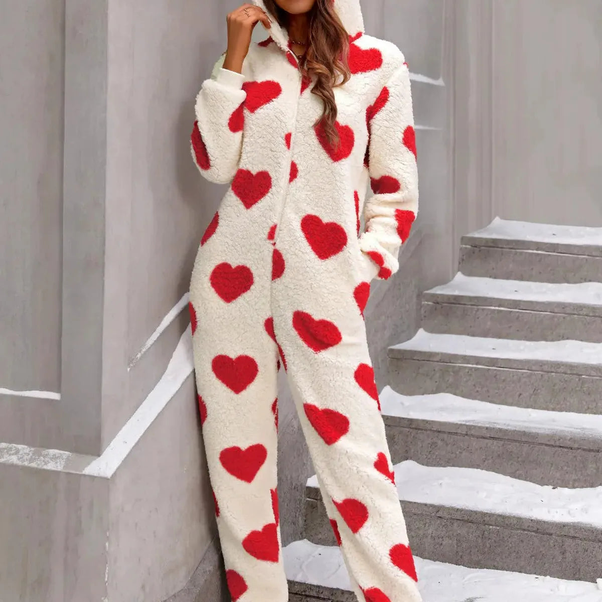 Fuzzy Heart Zip Up Hooded Lounge Jumpsuit — square view — Livostyle