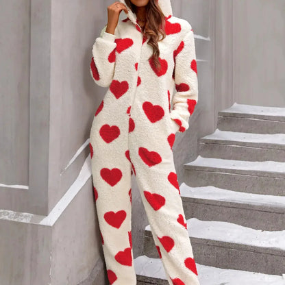 Fuzzy Heart Zip Up Hooded Lounge Jumpsuit — square view — Livostyle