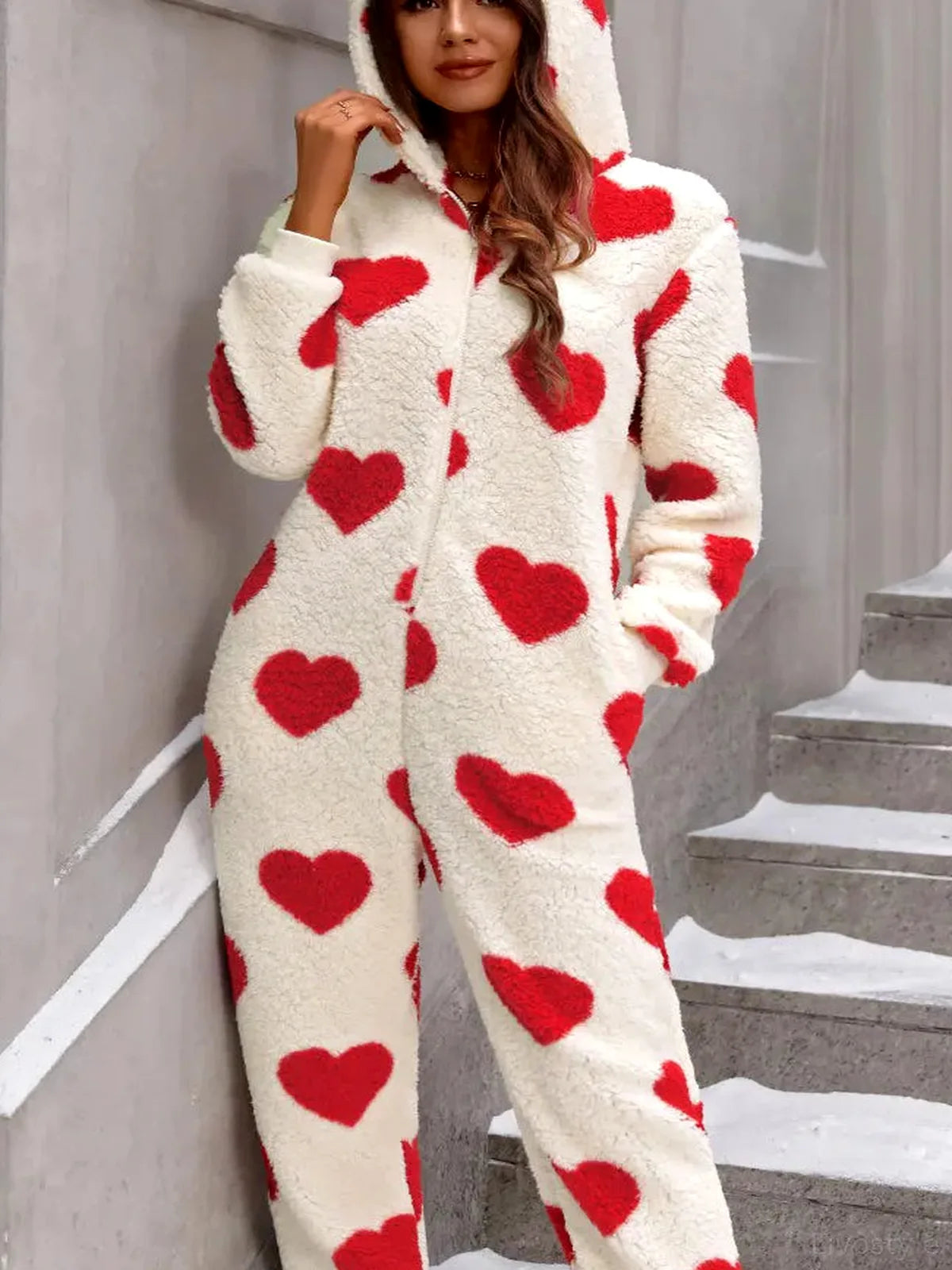Fuzzy Heart Zip Up Hooded Lounge Jumpsuit — detail view — Livostyle