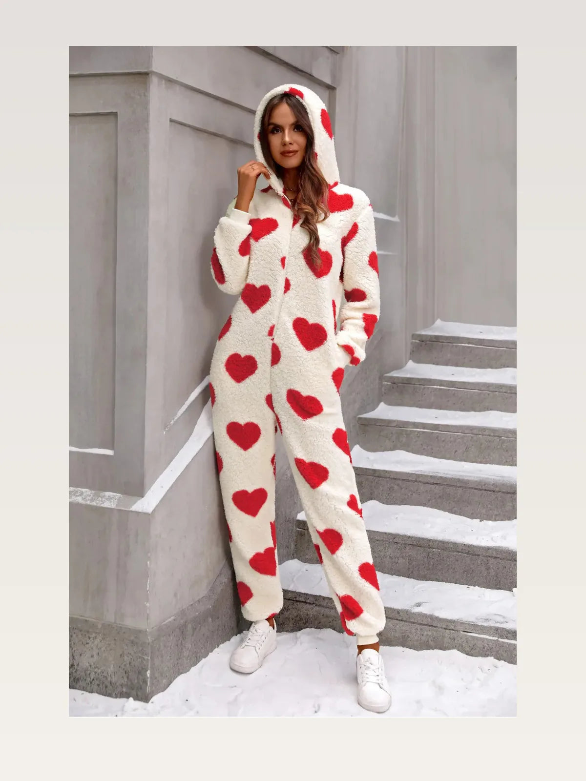 Fuzzy Heart Zip Up Hooded Lounge Jumpsuit — styled showcase — Livostyle