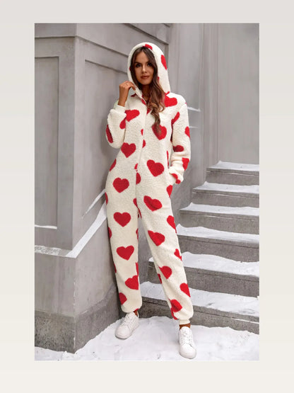 Fuzzy Heart Zip Up Hooded Lounge Jumpsuit — styled showcase — Livostyle