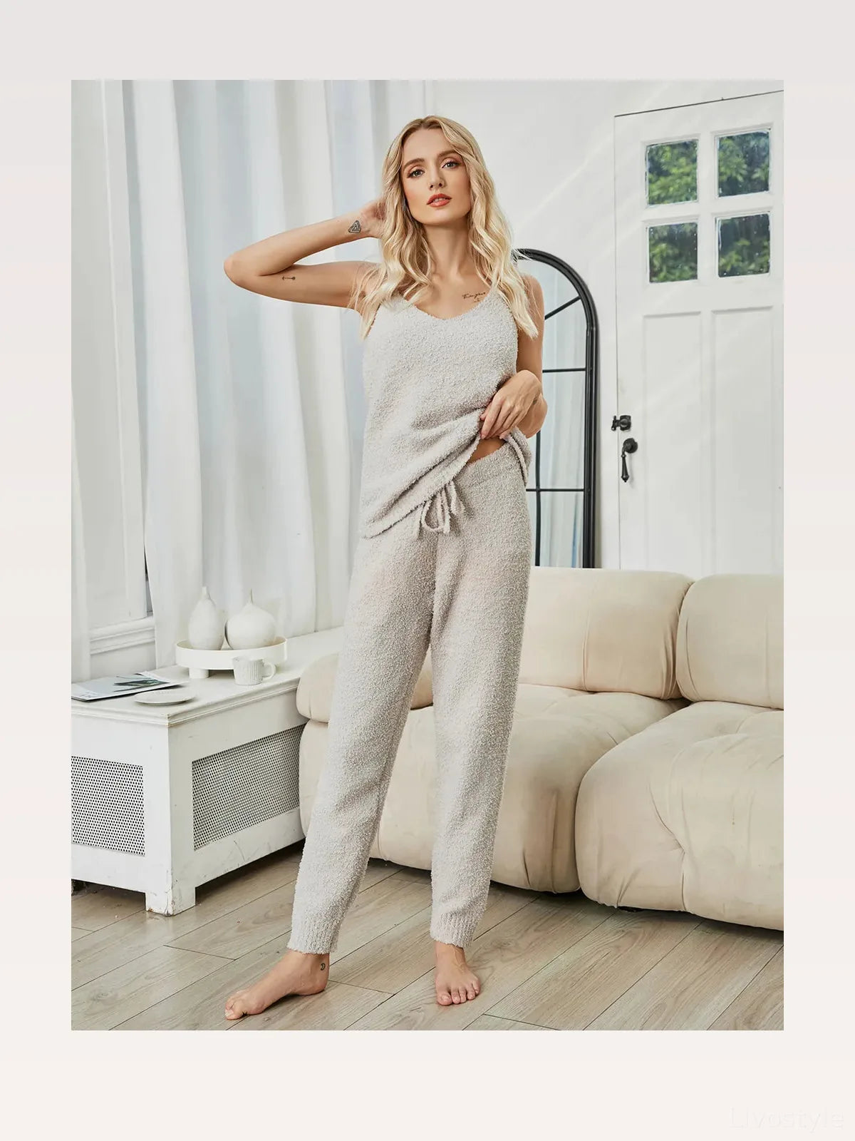 Fuzzy V-Neck Cami and Pants Lounge Set — styled showcase — Livostyle