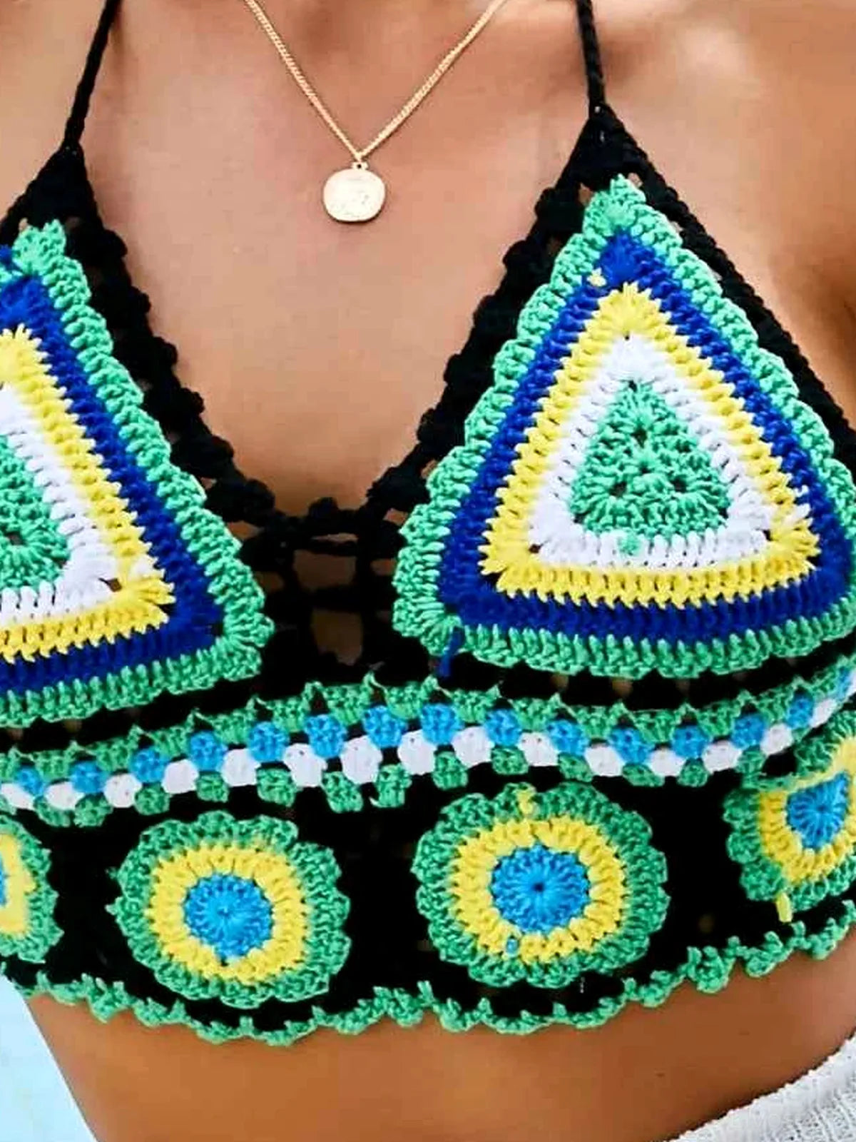 Green Color Block Crochet Geometric Halter Neck Swim Top — detail view — Livostyle