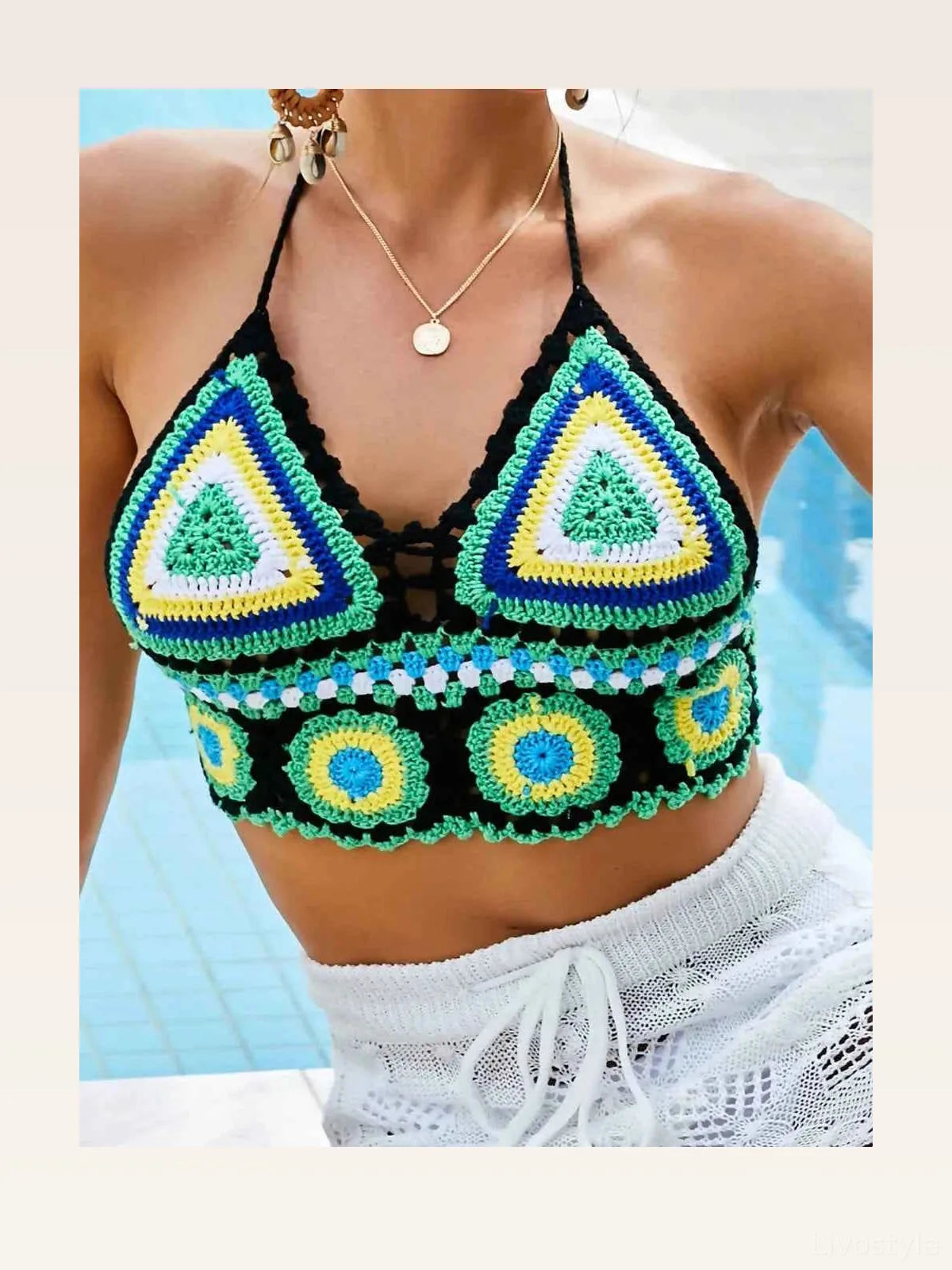Green Color Block Crochet Geometric Halter Neck Swim Top — styled showcase — Livostyle