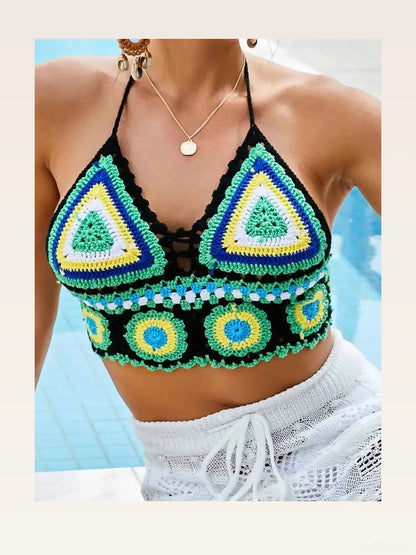 Green Color Block Crochet Geometric Halter Neck Swim Top — styled showcase — Livostyle