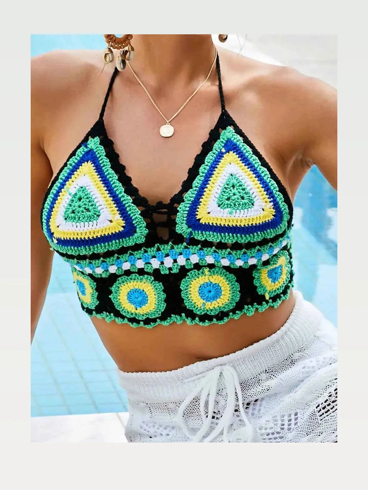 Green Color Block Crochet Geometric Halter Neck Swim Top — styled showcase — Livostyle