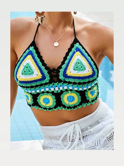 Green Color Block Crochet Geometric Halter Neck Swim Top — styled showcase — Livostyle