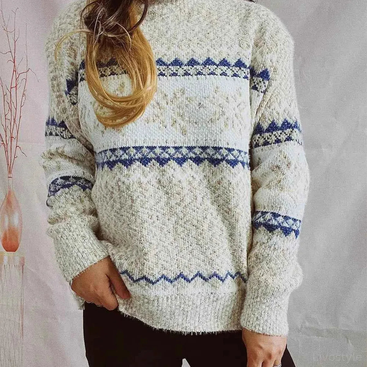 Geometric Mock Neck Dropped Shoulder Sweater — square view — Livostyle