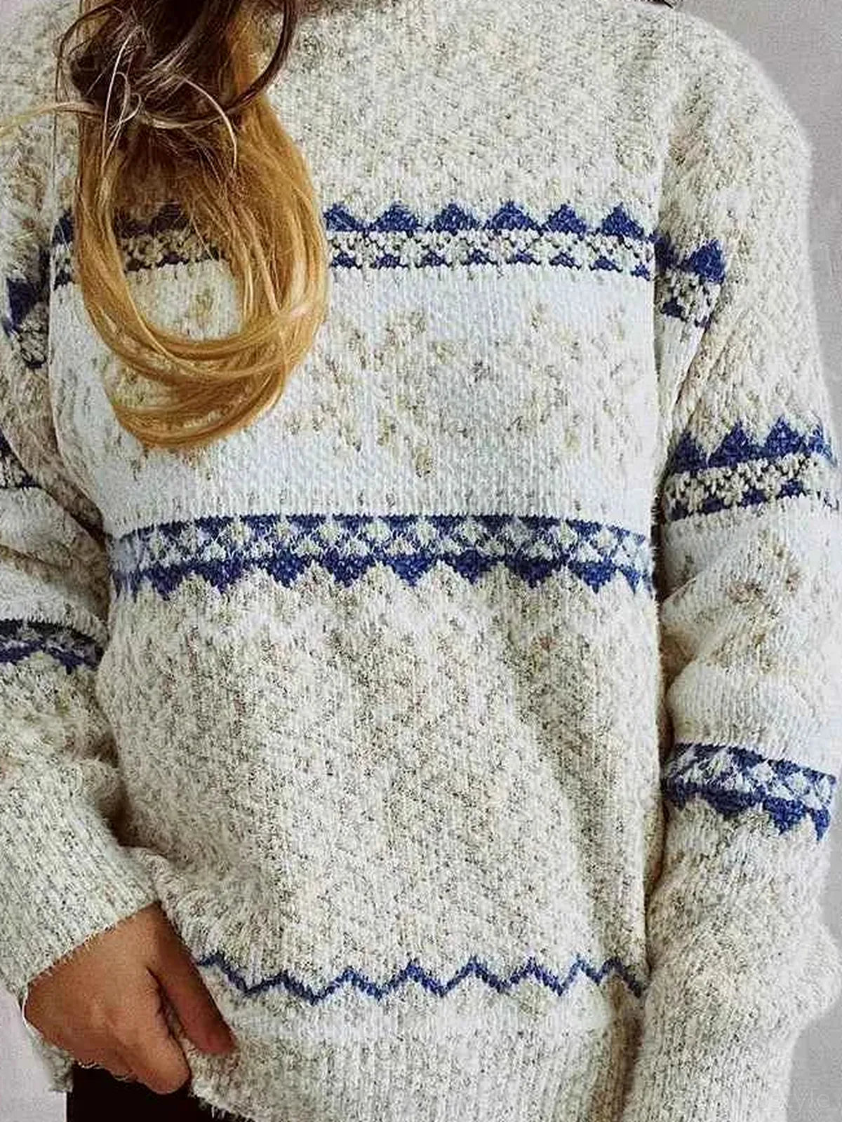 Geometric Mock Neck Dropped Shoulder Sweater — detail view — Livostyle