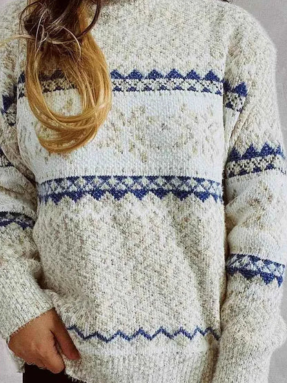 Geometric Mock Neck Dropped Shoulder Sweater — detail view — Livostyle