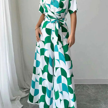 Geometric Print Belted Wide Leg Jumpsuit — square view — Livostyle