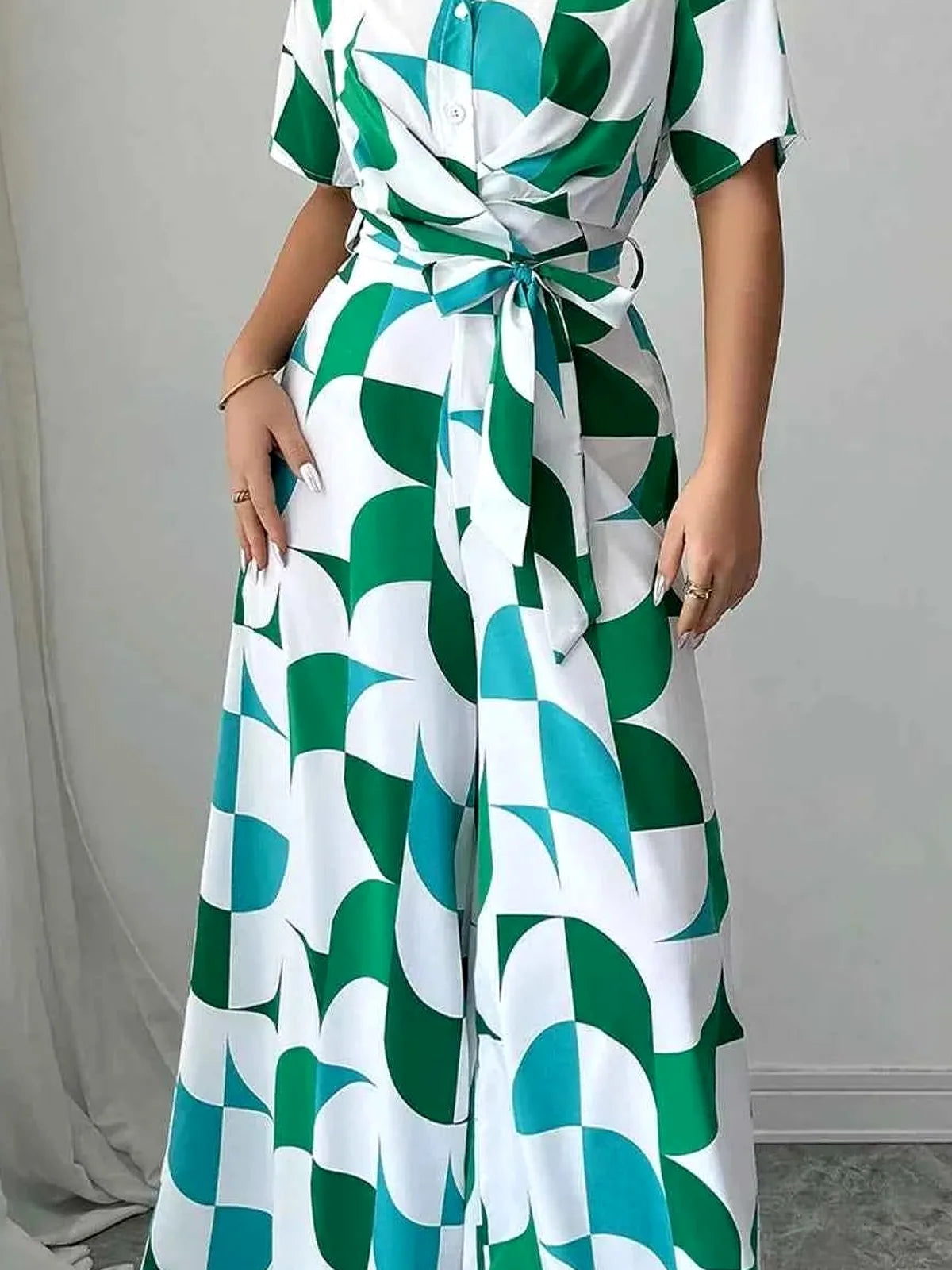 Geometric Print Belted Wide Leg Jumpsuit — detail view — Livostyle