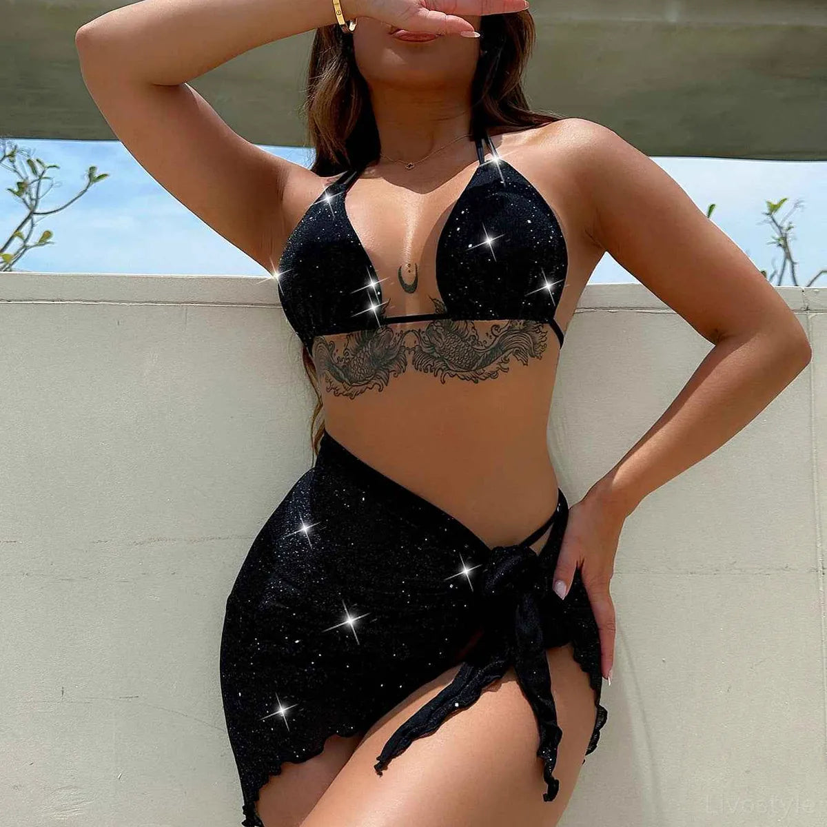 Glitter Halter Neck Backless Three-Piece Swim Set — square view — Livostyle