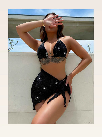 Glitter Halter Neck Backless Three-Piece Swim Set — styled showcase — Livostyle