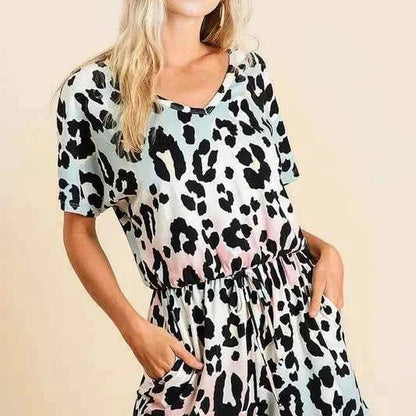Gradation Leopard Soft Knit V-neck Romper — square view — Livostyle