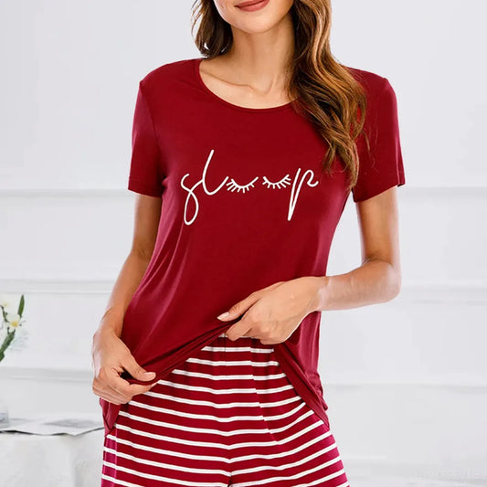 Graphic Round Neck Top and Striped Shorts Lounge Set — square view — Livostyle