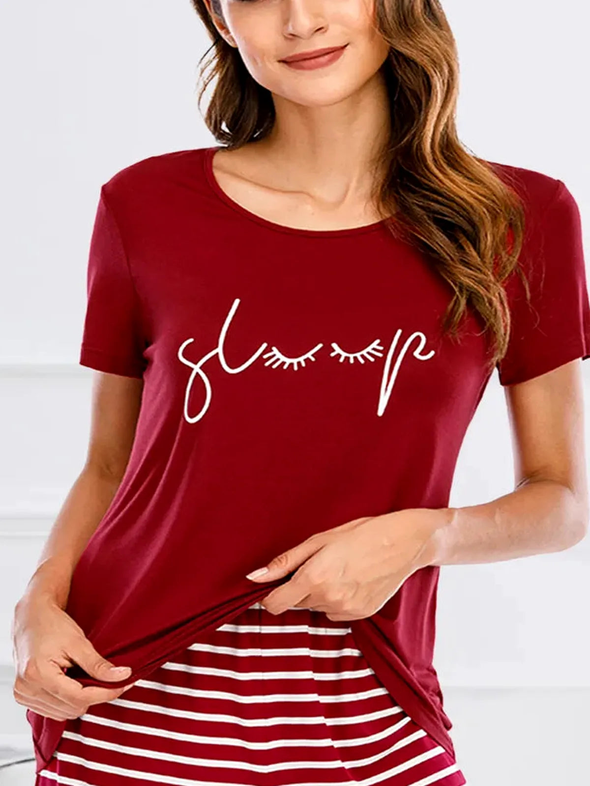Graphic Round Neck Top and Striped Shorts Lounge Set — detail view — Livostyle