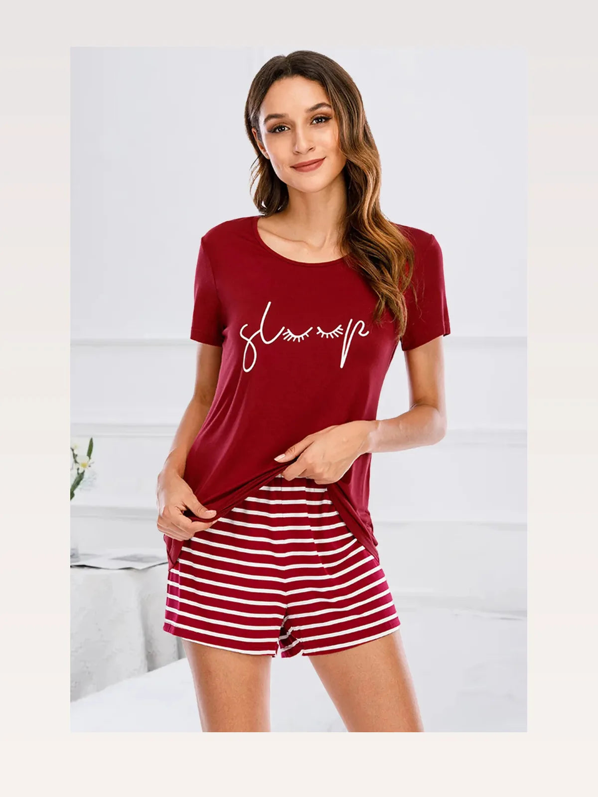 Graphic Round Neck Top and Striped Shorts Lounge Set — styled showcase — Livostyle