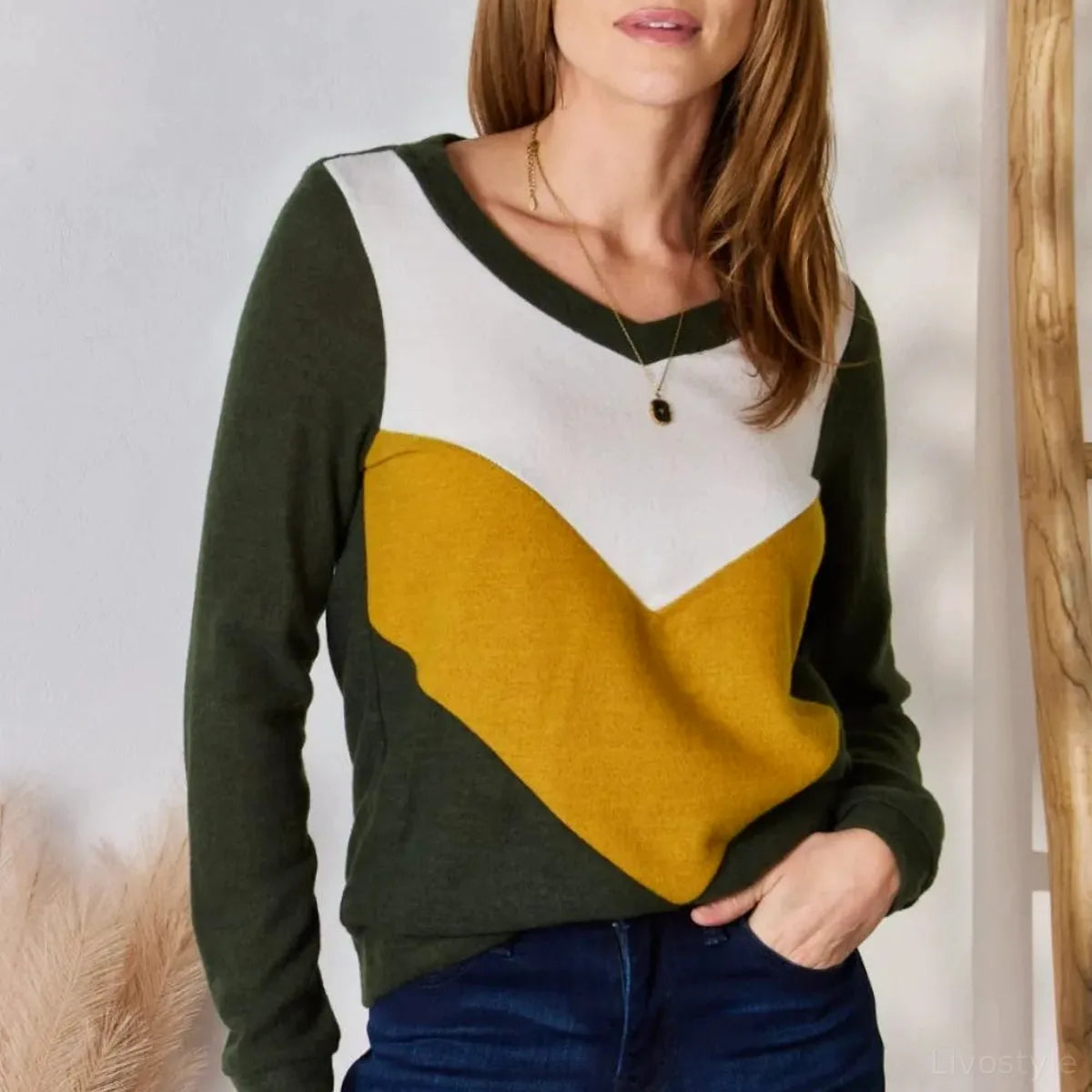 Trendy Colorblock V-Neck Top — square view — Livostyle