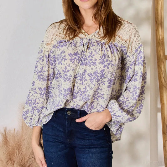 Elegant Lace-Detailed Printed Blouse — square view — Livostyle