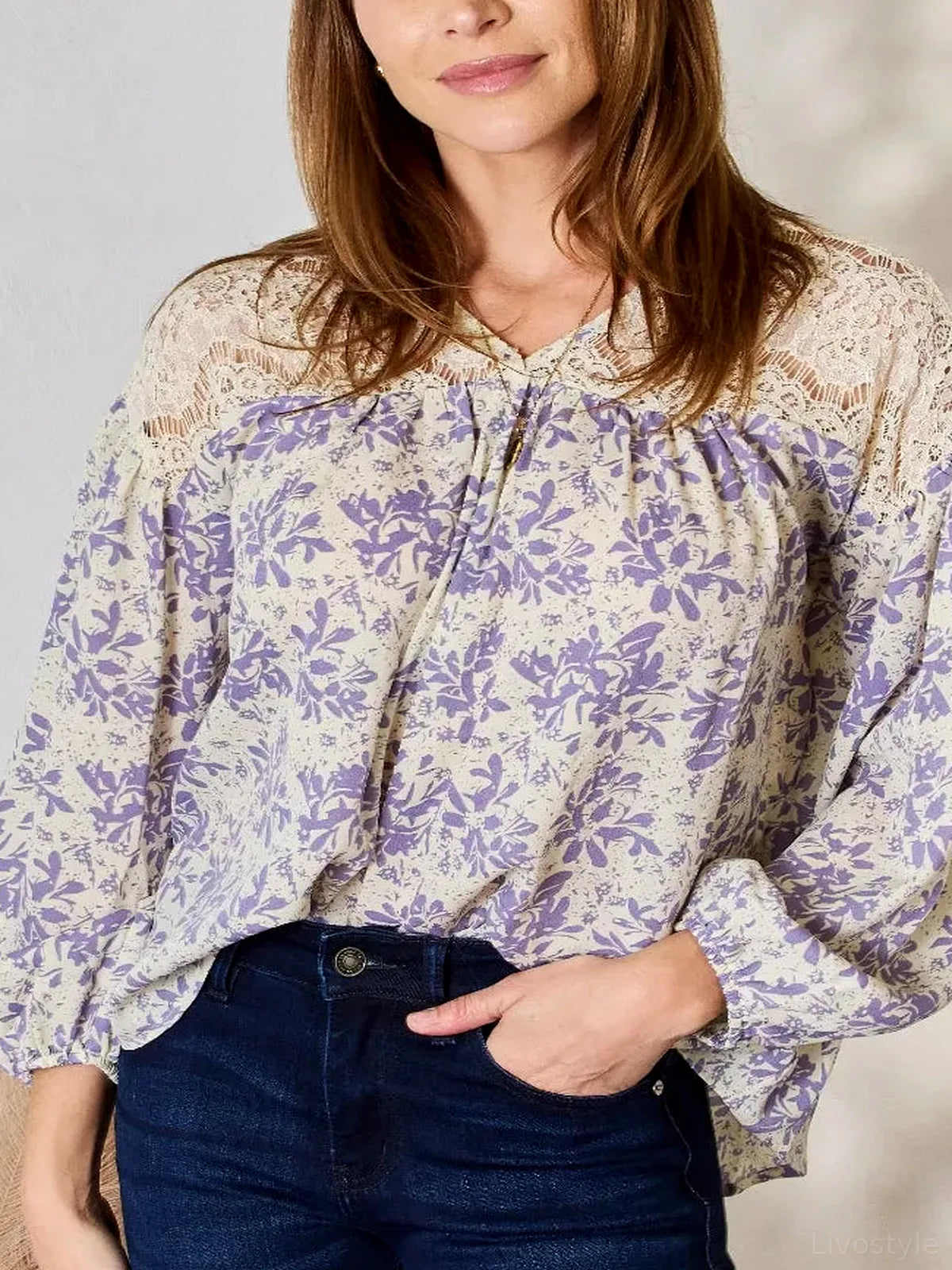 Elegant Lace-Detailed Printed Blouse — detail view — Livostyle