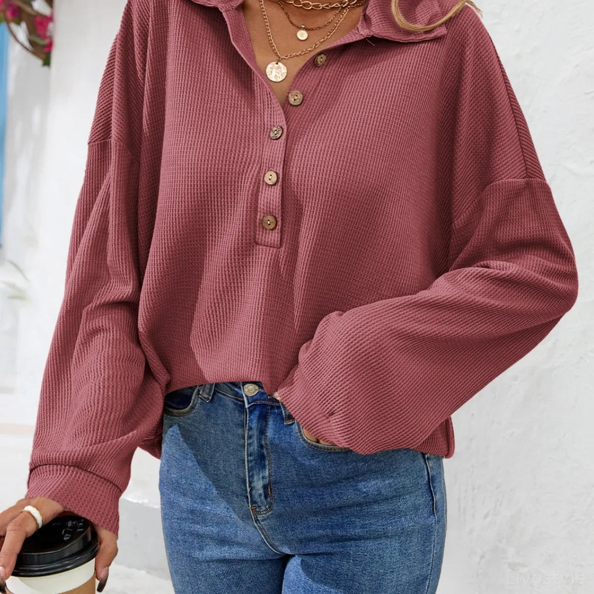 Elegant Long-Sleeve Half-Button Collared Top — square view — Livostyle