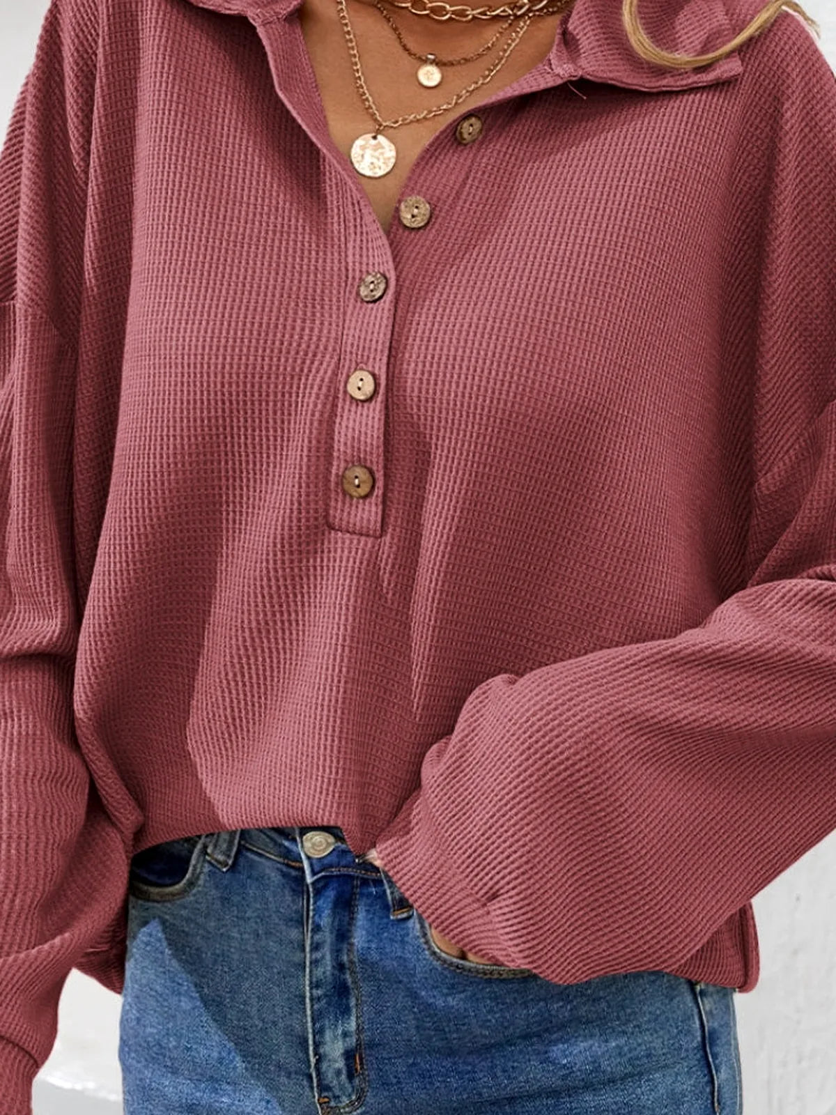 Elegant Long-Sleeve Half-Button Collared Top — detail view — Livostyle
