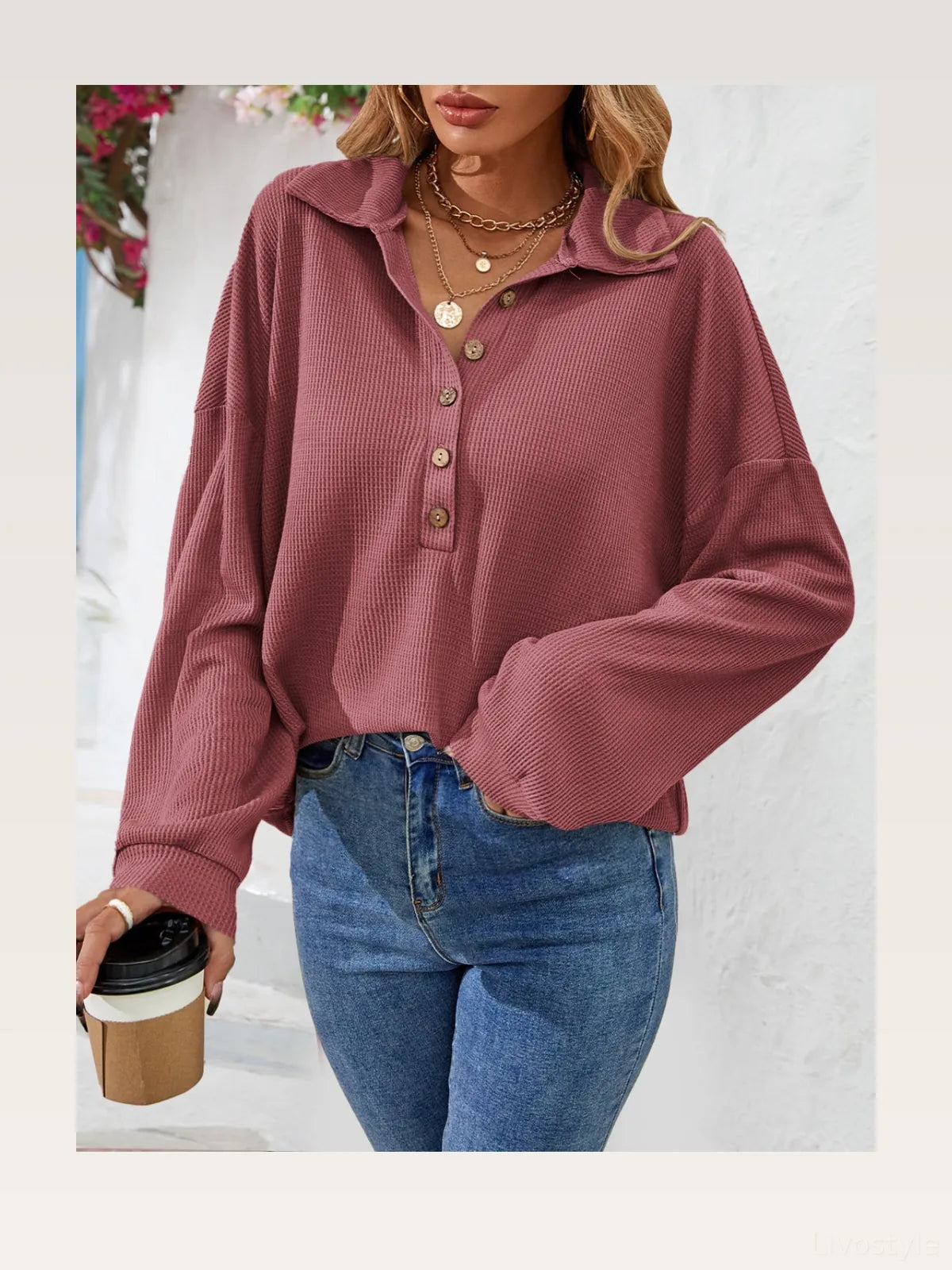 Elegant Long-Sleeve Half-Button Collared Top — styled showcase — Livostyle