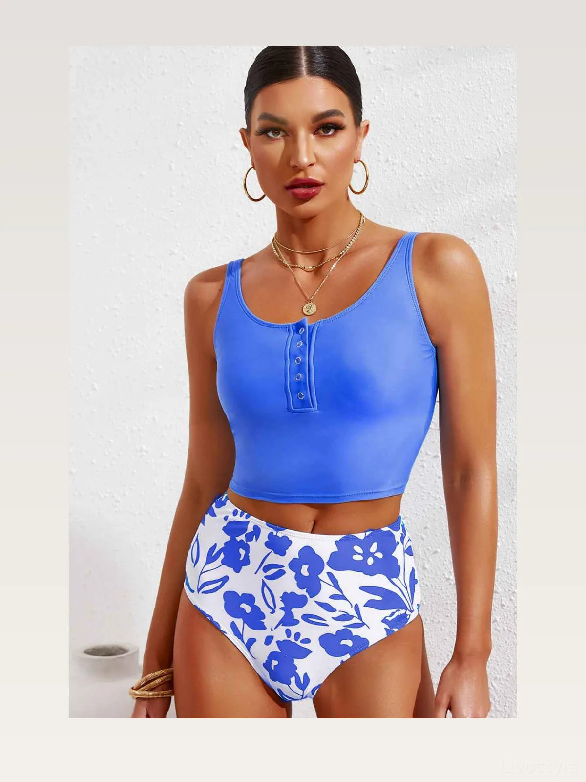 Half Snap Square Neck Tankini Set — styled showcase — Livostyle