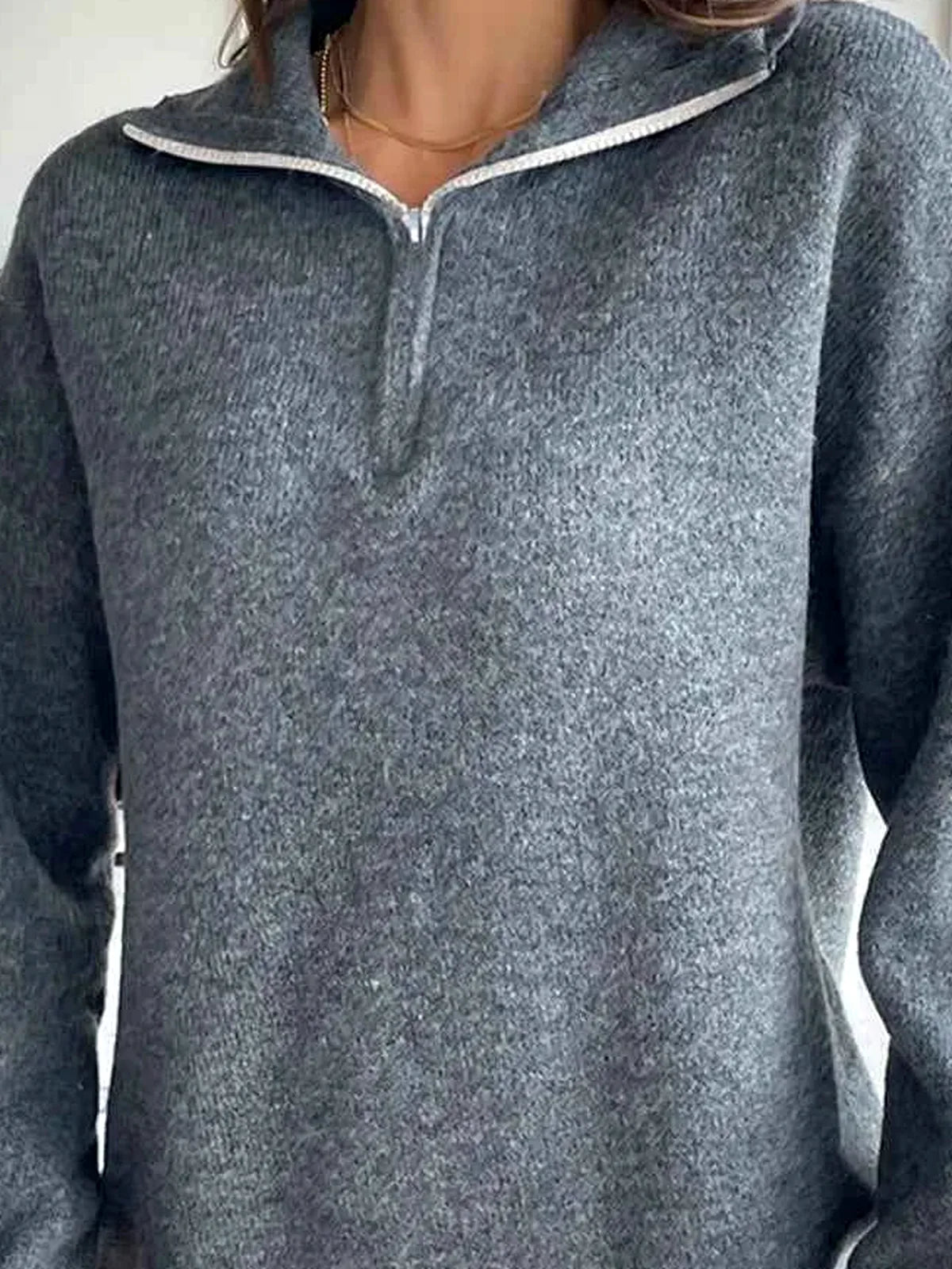 Half Zip Dropped Shoulder Sweater — detail view — Livostyle