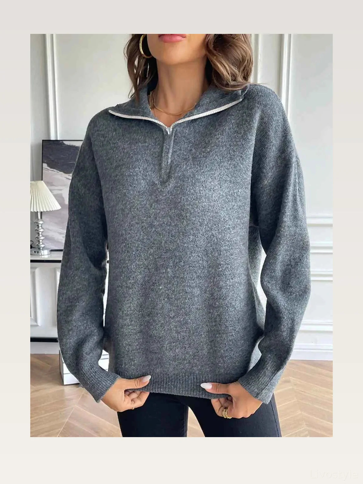 Half Zip Dropped Shoulder Sweater — styled showcase — Livostyle