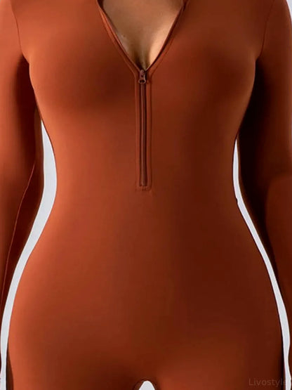 Half Zip Long Sleeve Active Romper — detail view — Livostyle