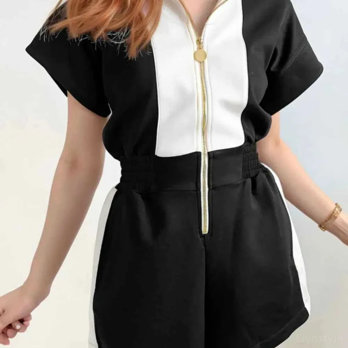 Half Zip Short Sleeve Romper — square view — Livostyle
