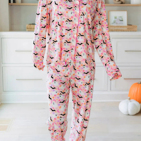 Halloween Ghost Print Button Up Top and Pants Lounge Set — square view — Livostyle