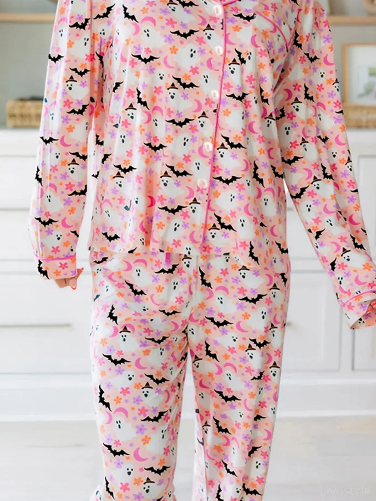 Halloween Ghost Print Button Up Top and Pants Lounge Set — detail view — Livostyle