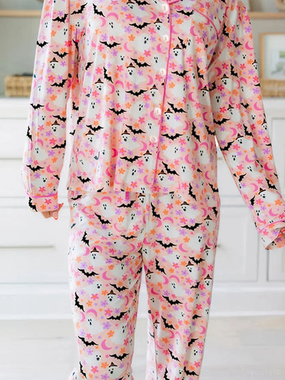 Halloween Ghost Print Button Up Top and Pants Lounge Set — detail view — Livostyle