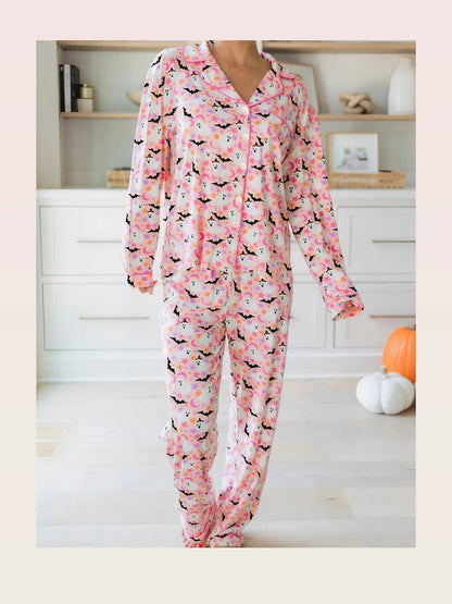 Halloween Ghost Print Button Up Top and Pants Lounge Set — styled showcase — Livostyle