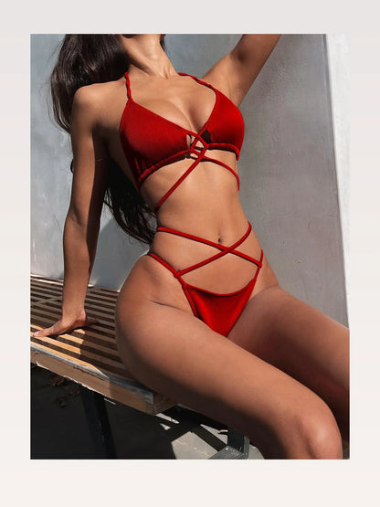 Halter Neck Crisscross Ribbed Bikini Set — styled showcase — Livostyle