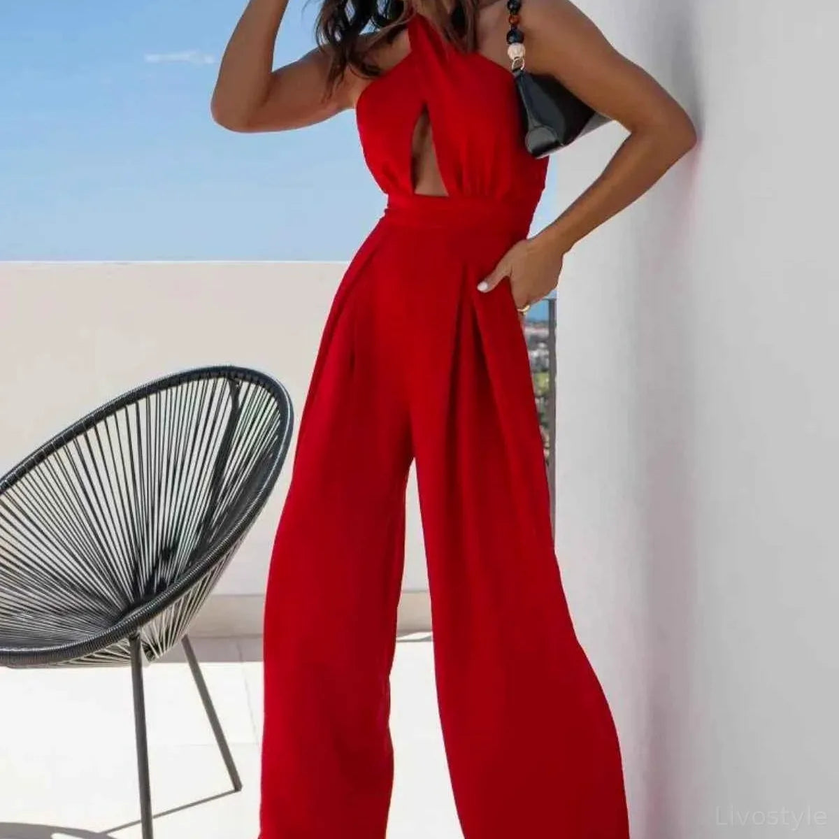 Halter Neck Wide Leg Jumpsuit with Keyhole Detail — square view — Livostyle