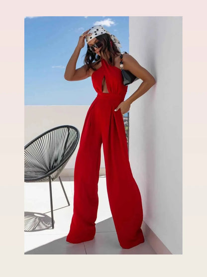 Halter Neck Wide Leg Jumpsuit with Keyhole Detail — styled showcase — Livostyle