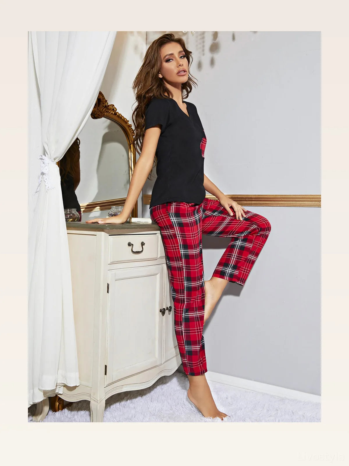 Heart Graphic V-Neck Top and Plaid Pants Lounge Set — styled showcase — Livostyle