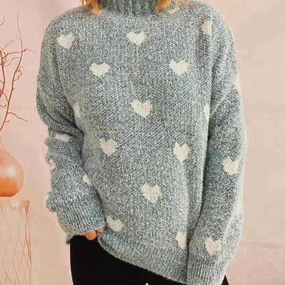 Heart Heathered Turtleneck Drop Shoulder Sweater — square view — Livostyle