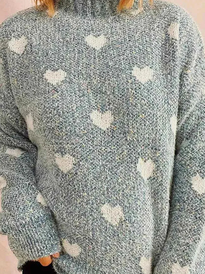 Heart Heathered Turtleneck Drop Shoulder Sweater — detail view — Livostyle