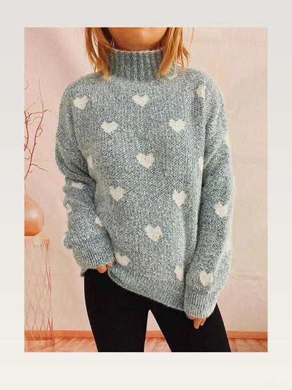 Heart Heathered Turtleneck Drop Shoulder Sweater — styled showcase — Livostyle