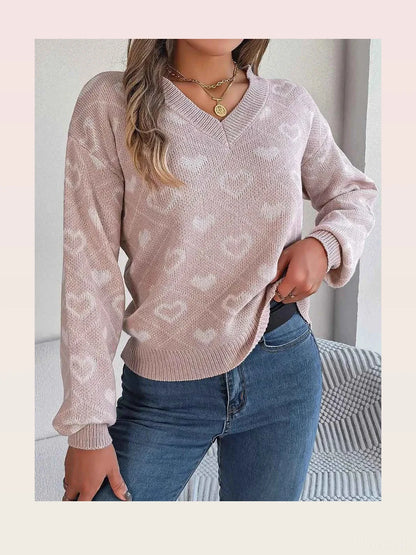 Heart Pattern V-Neck Long Sleeve Sweater — styled showcase — Livostyle