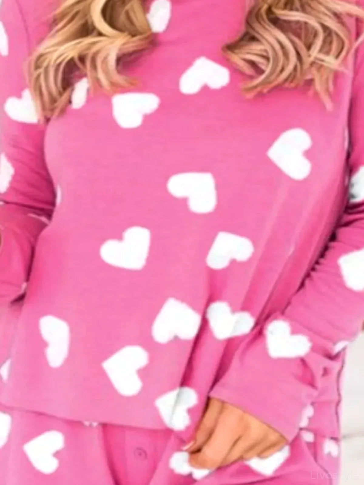 Heart Round Neck Long Sleeve Top and Elastic Waist Shorts Se — detail view — Livostyle