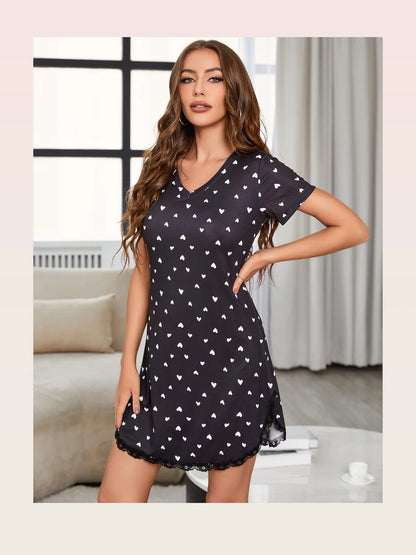Heart V-Neck Short Sleeve Lace Trim Night Dress — styled showcase — Livostyle